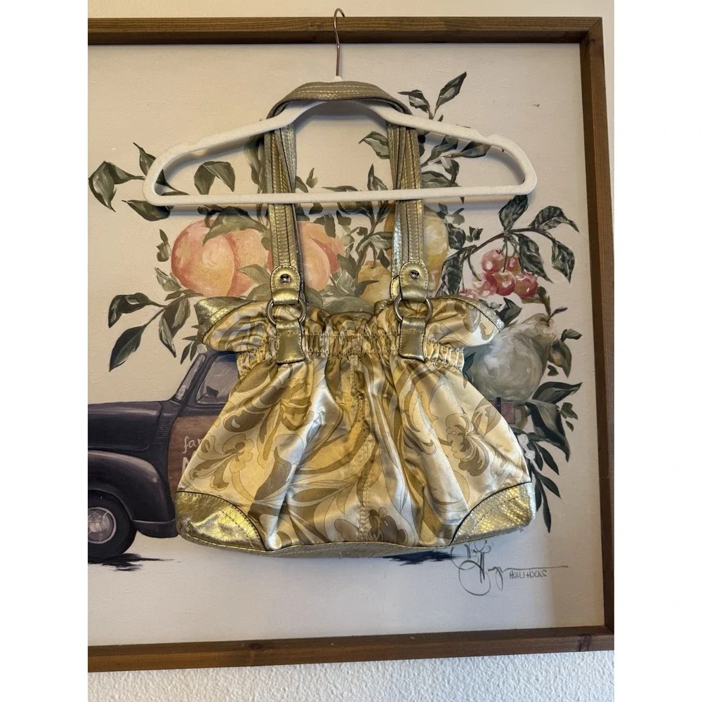 Y2K VTG Kathy Van Zeeland Metallic Gold Ruched Hobo Shoulder Bag Bratz Glam